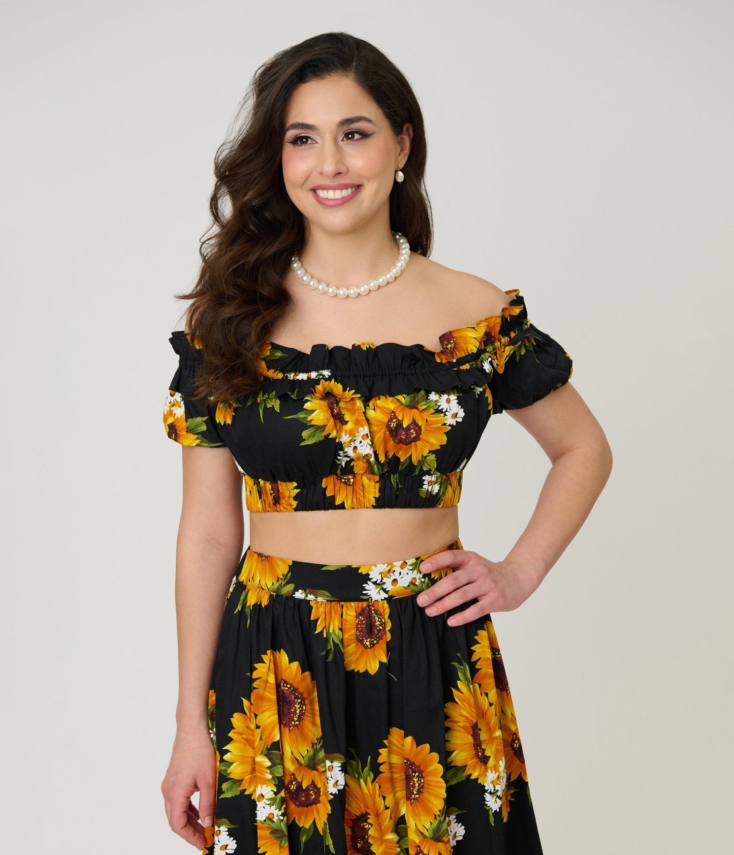 Unique Vintage Black Sunflower Ruffle Up Crop Top