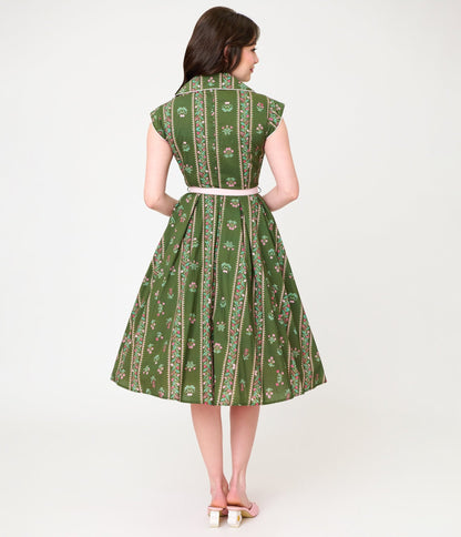 Unique Vintage Green Floral Stripe Shirt Swing Dress