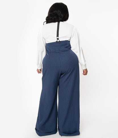 Unique Vintage Plus Size 1930s Navy & White Pin Stripe Thelma Suspender Pants