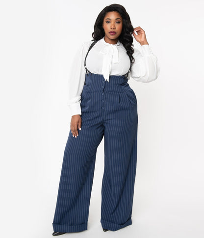 Unique Vintage Plus Size 1930s Navy & White Pin Stripe Thelma Suspender Pants