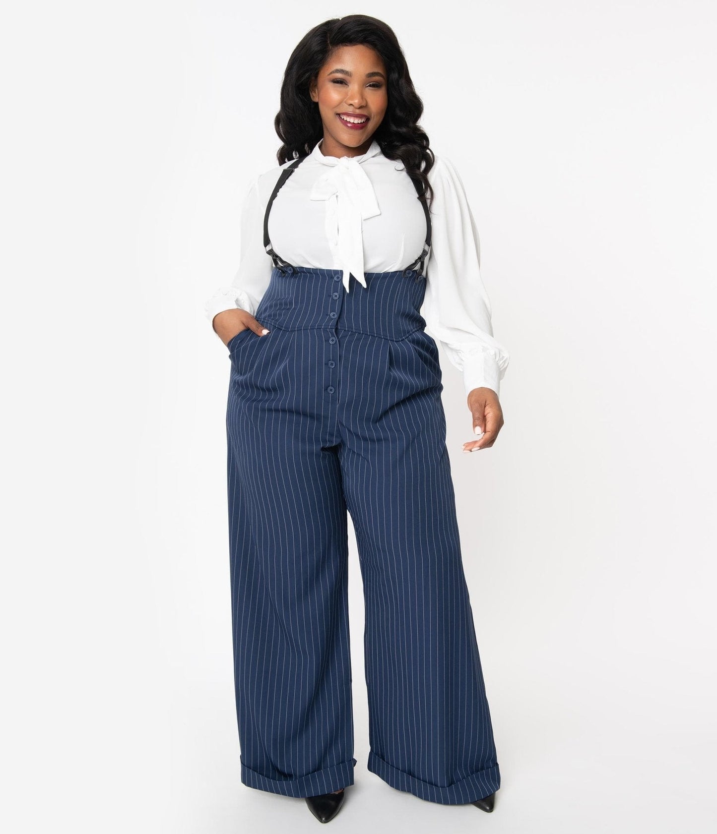 Unique Vintage Plus Size 1930s Navy & White Pin Stripe Thelma Suspender Pants