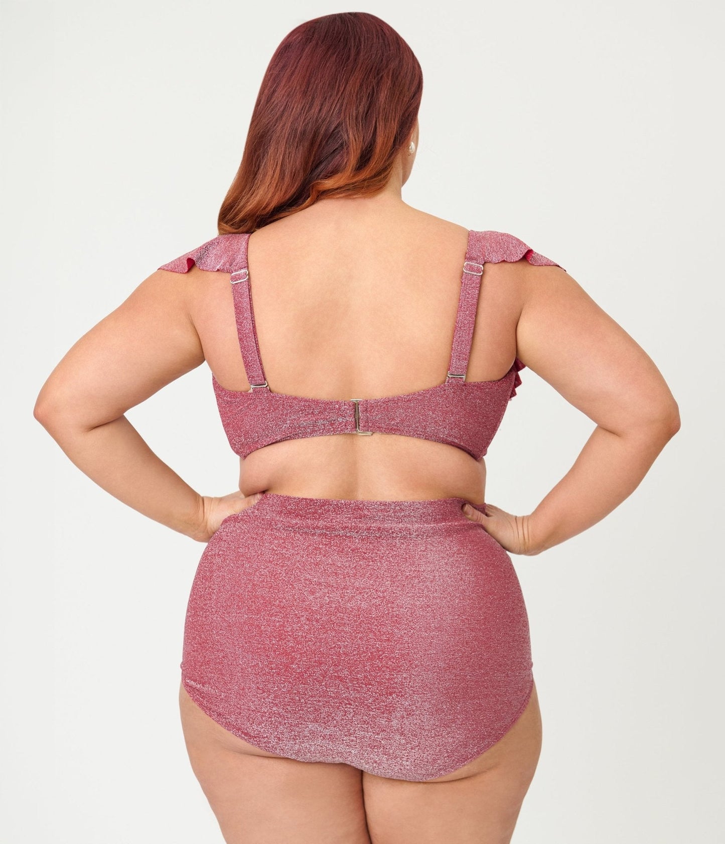 Unique Vintage Plus Size Burgundy Lurex Ruffled Cap Sleeve Frida Swim Top