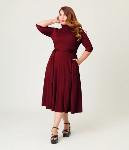 Unique Vintage Plus Size Burgundy Turtleneck Midi Dress