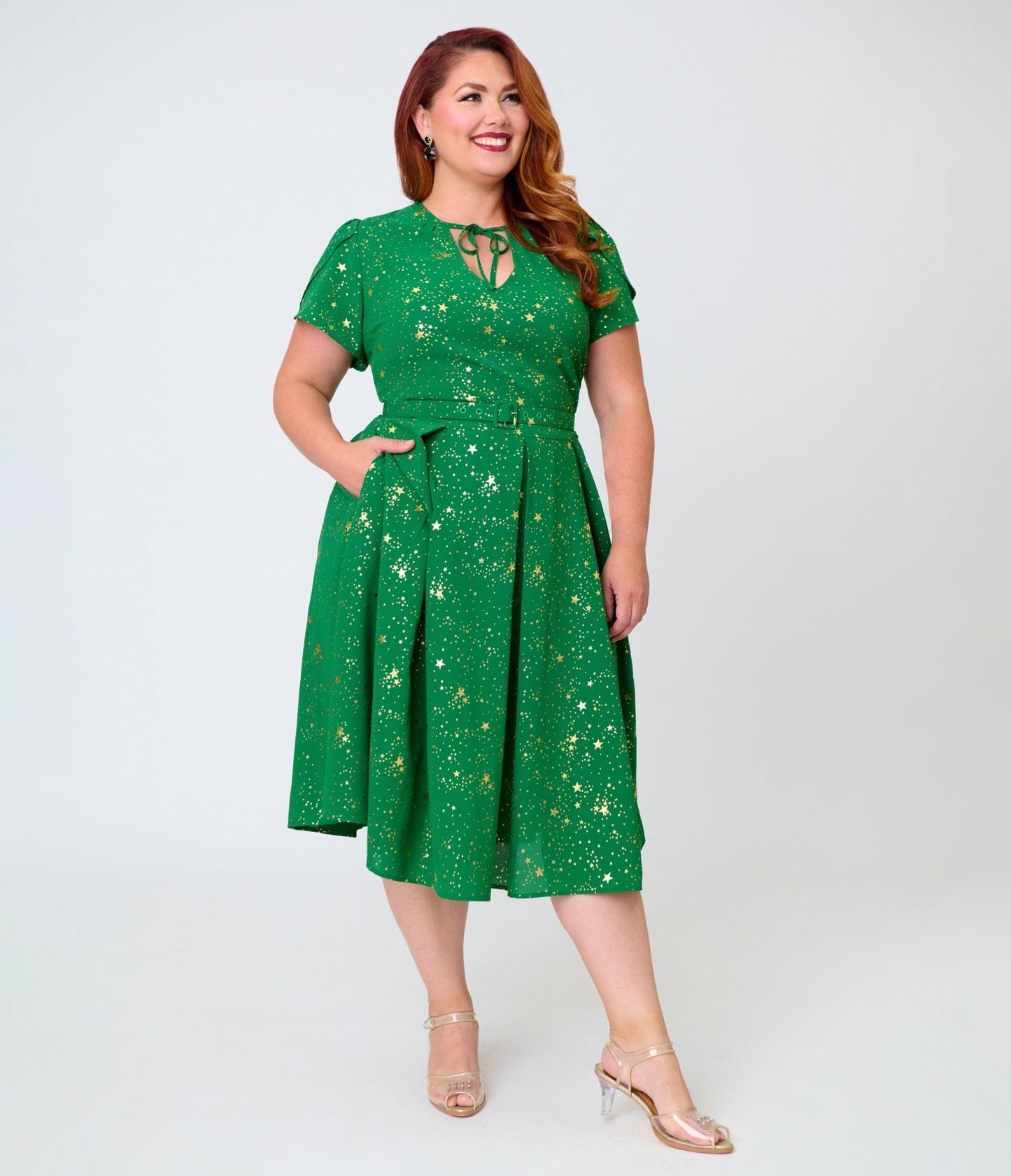 Unique Vintage Plus Size Green & Gold Star Dahlia Swing Dress
