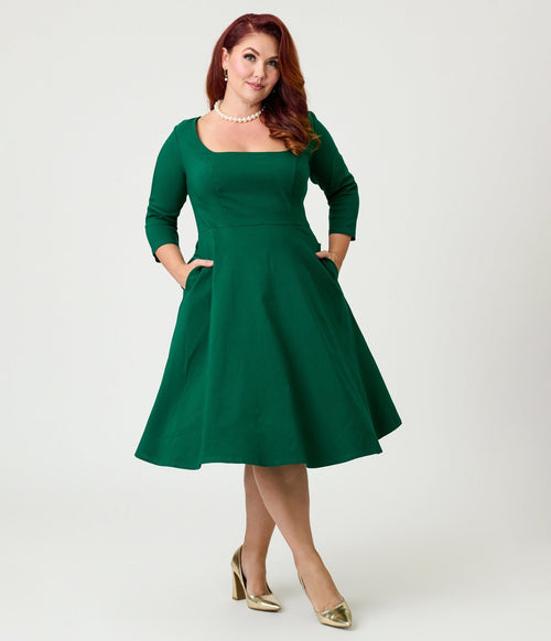 Unique Vintage Plus Size Green Square Neck Swing Dress