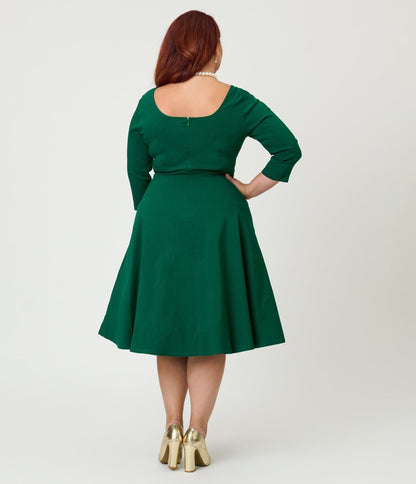 Unique Vintage Plus Size Green Square Neck Swing Dress