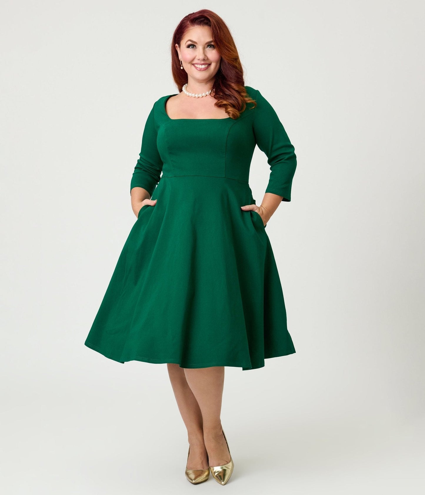 Unique Vintage Plus Size Green Square Neck Swing Dress