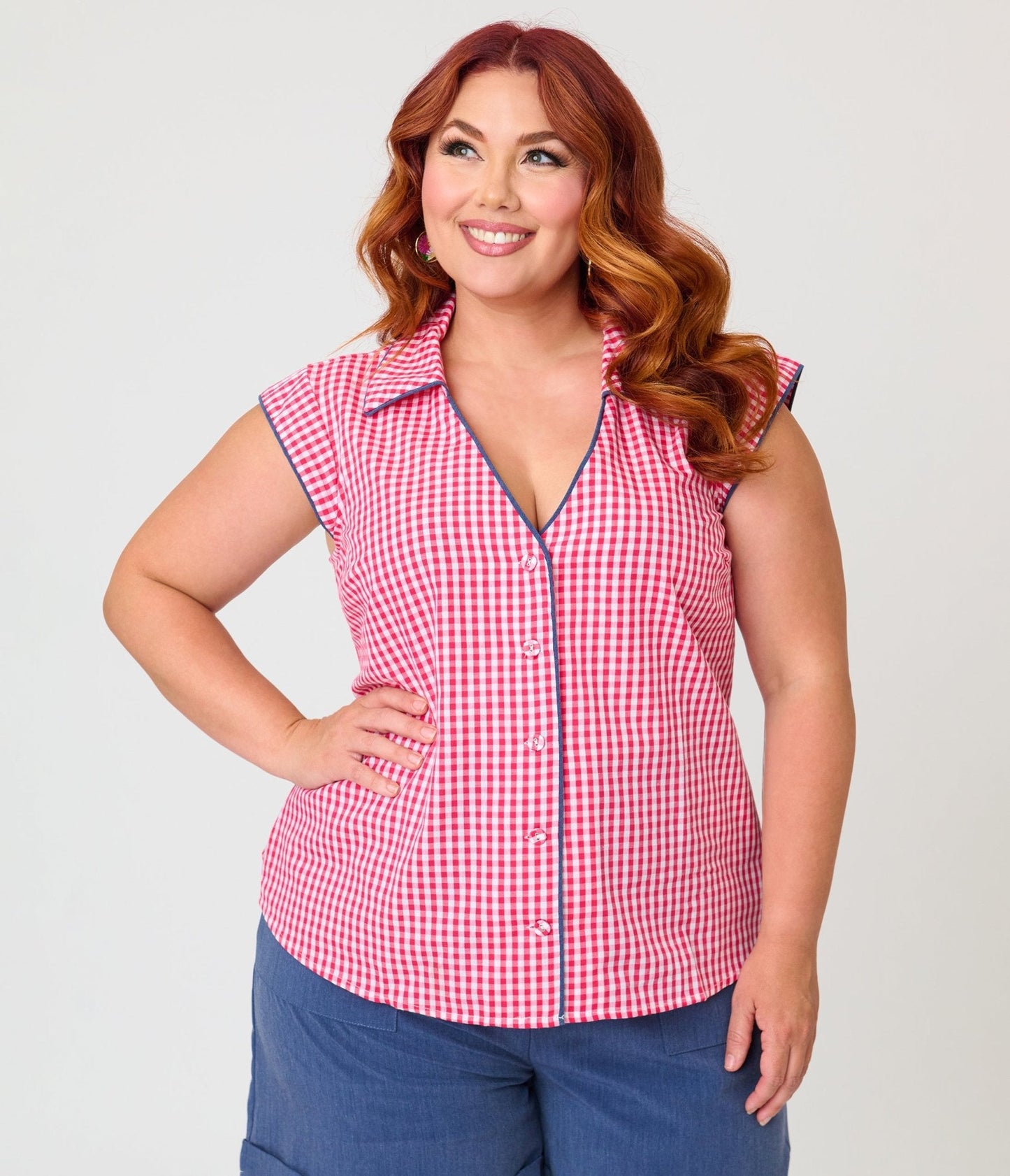 Unique Vintage Plus Size Hot Pink Gingham Cap Sleeve Top