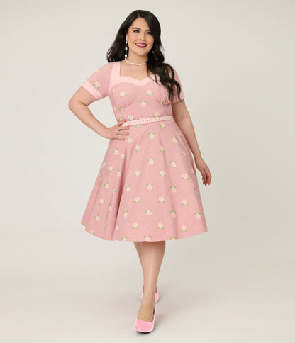 Unique Vintage Plus Size Light Pink & Roses Swing Dress