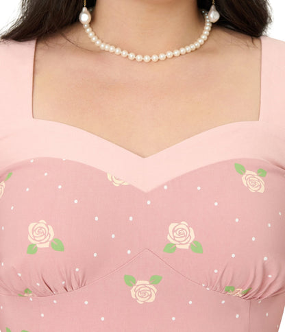 Unique Vintage Plus Size Light Pink & Roses Swing Dress