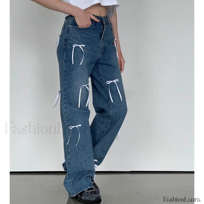 Vintage High Waist Trendy Bow Wide Leg Jeans