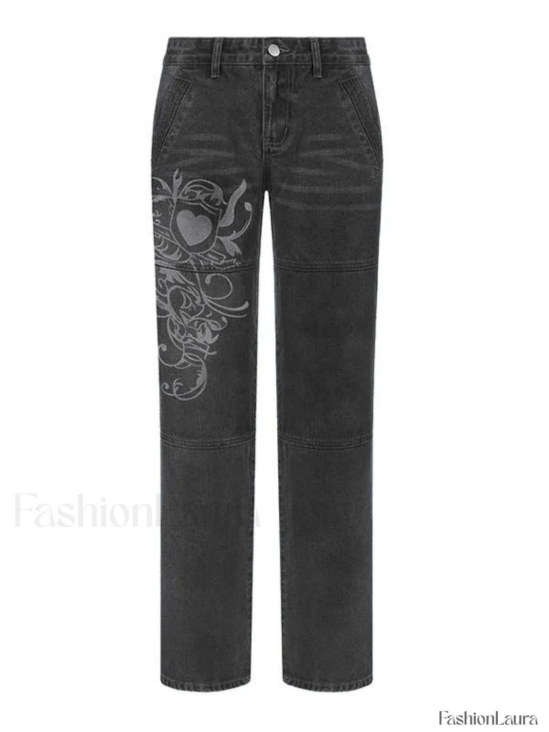 Washed Heart Pattern Cargo Jeans