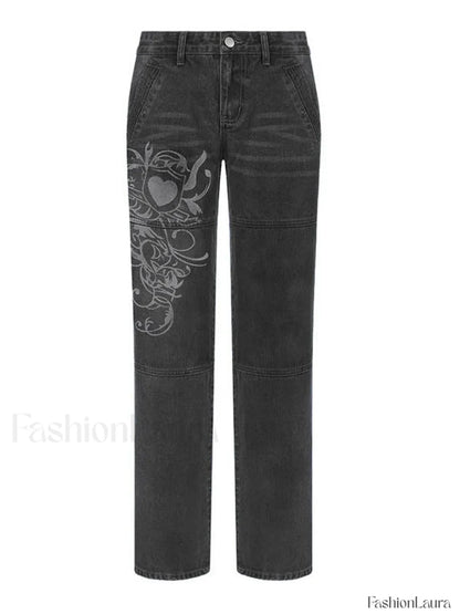 Washed Heart Pattern Cargo Jeans