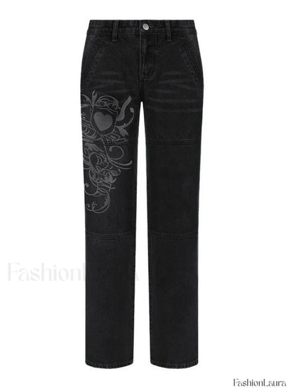 Washed Heart Pattern Cargo Jeans