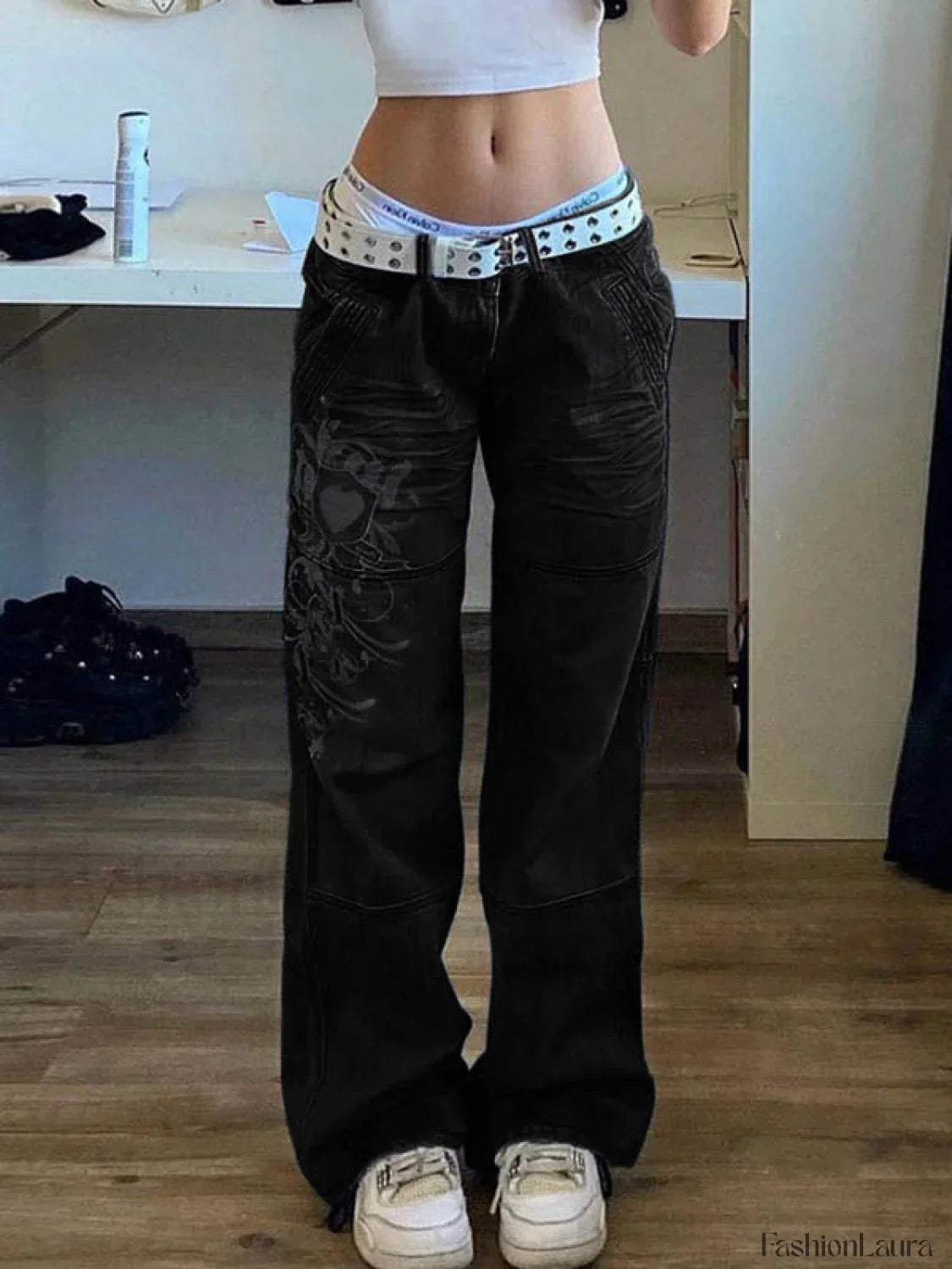 Washed Heart Pattern Cargo Jeans