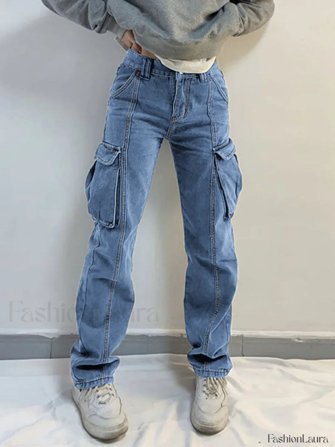 Washed Mid Waist Pocket Cargo Jeans