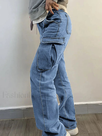 Washed Mid Waist Pocket Cargo Jeans