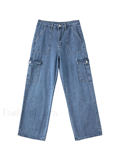 Washed Mid Waist Pocket Cargo Jeans