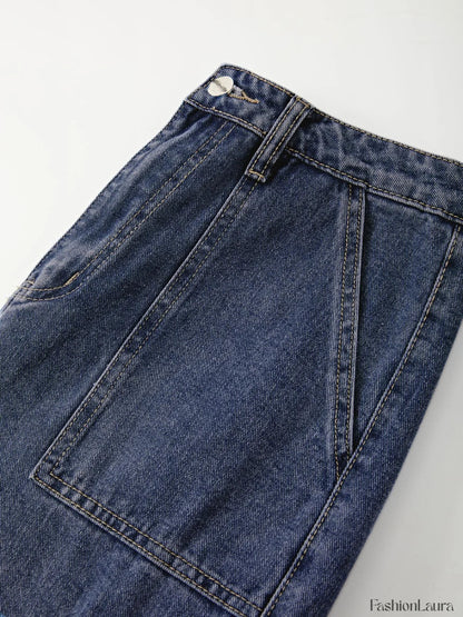 Washed Mid Waist Pocket Cargo Jeans