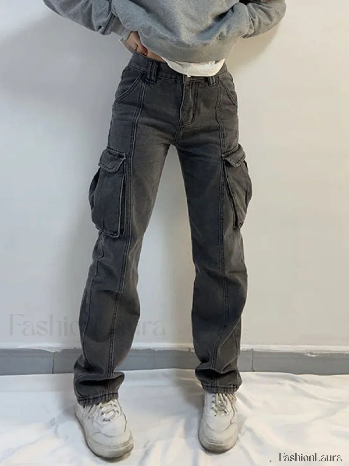 Washed Mid Waist Pocket Cargo Jeans