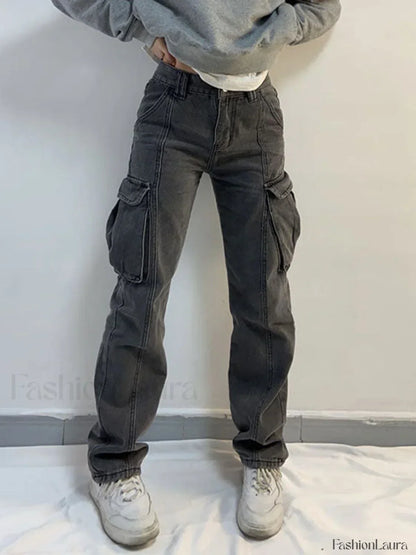Washed Mid Waist Pocket Cargo Jeans
